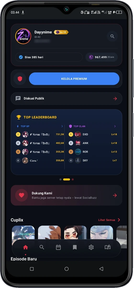 Tampilan aplikasi Zenime dengan status Premium aktif